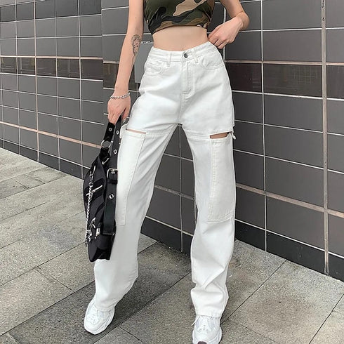 Cargo Large Pocket Hollow Cut Straight Pants